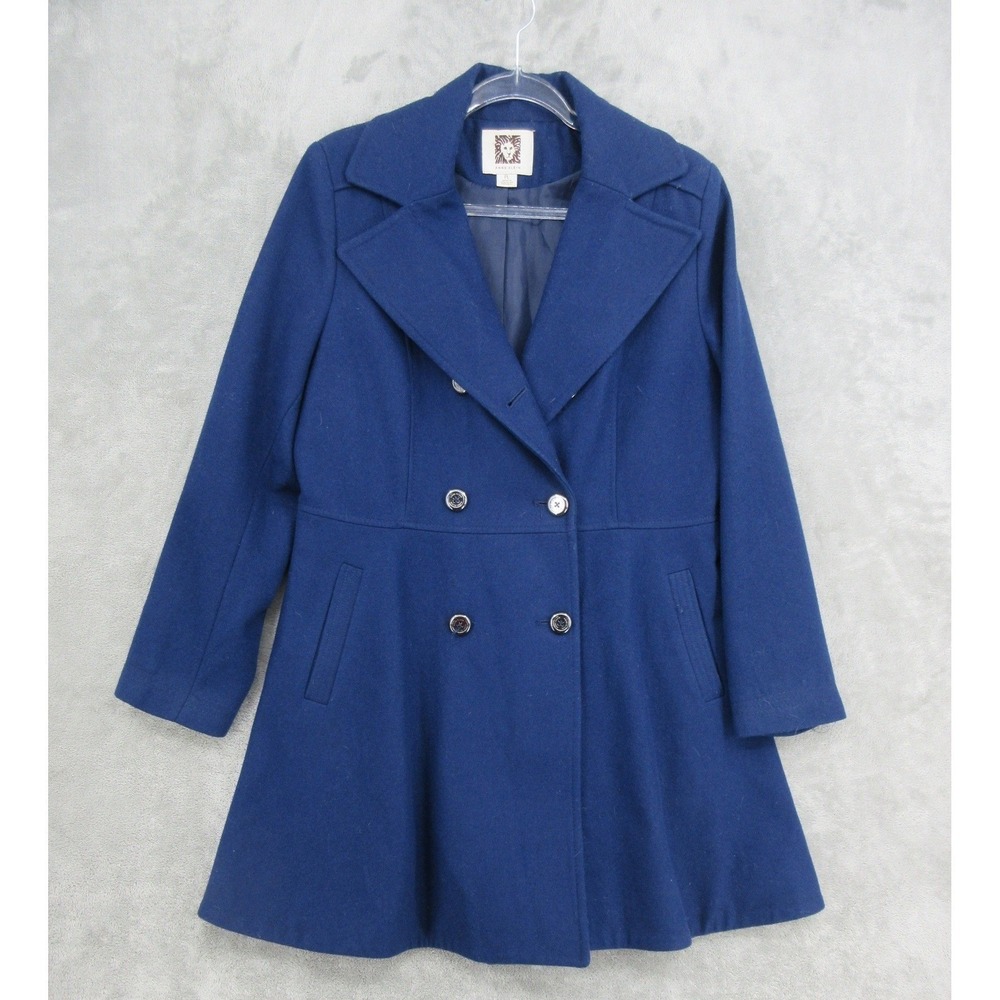 Anne Klein Coat Women Large Petite Wool Blend Double‎ Breasted Pea Coat Pockets